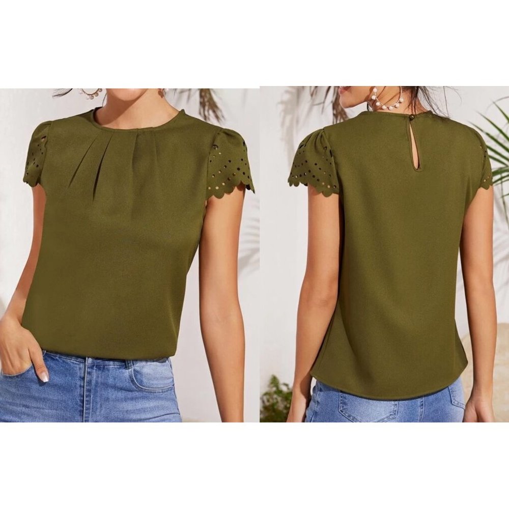 Shein Scallop Trim Laser Cut Sleeve Pleated Detail Top - Olive Green - Size M